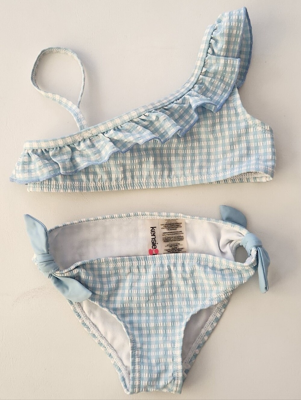 Kensie Light Blue and White Checker One-Shoulder Ruffle Girls Bikini